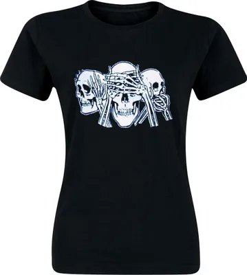 Produktbild von Damen Kurzarm Girlie-Shirt mit 3 Totenköpfen Frontdruck, Schwarz, 100% Baumwolle