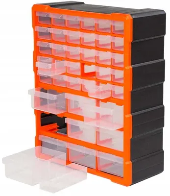 Produktbild von Werkstatt-Organizer aus Kunststoff mit 39 Schubladen, Wandmontage, 48,5 x 38,5 cm