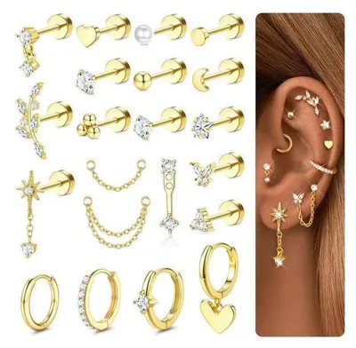 Productafbeelding van Piercing set met 21 stuks, gemaakt van chirurgisch staal, in goud- en zilverkleur. Inclusief creolen, oorbellen, piercings voor de oorlel, tragus en helix. Sieraden