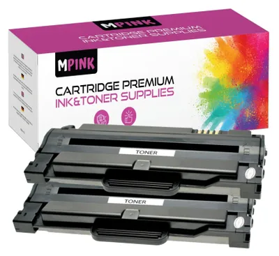 A product shot of two toner cartridges in front of their packaging.