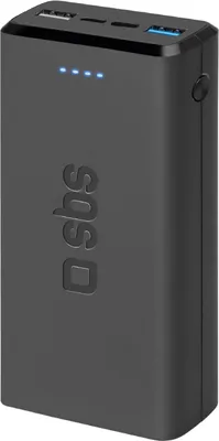 A black power bank with the SBS logo on the front.