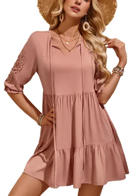 Produktbild von Rüschenkleid mit halben ärmeln, Spitzenbesatz, einfarbig, locker geschnitten, gestuftes Rüschenkleid für Damen, Rosa, Größe S