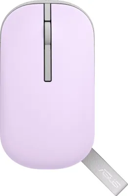 A top-down view of a light purple computer mouse with a gray scroll wheel and a gray strap with the ASUS logo on it.
