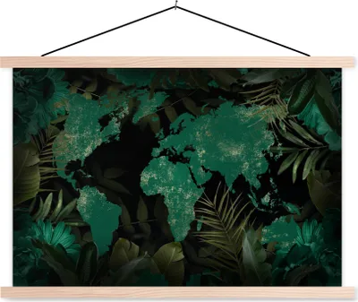 Produktbild von MuchoWow® Textilposter Weltkarte - Grün - Blätter 60x40 cm mit holzfarbenen Rahmen - Bilder