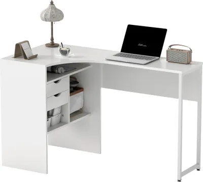Image de Bureau d'angle, bureau informatique avec 2 tiroirs et 3 compartiments ouverts, 120 x 60 x 74 cm, blanc