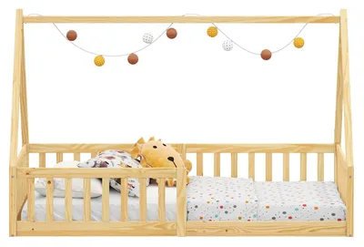 Produktbild von Hausbett NICOLAS 90 x 200 cm natur - bodentiefes Kinderbett inkl. beidseitigem Rausfallschutz, Montessori Bett aus Massivholz