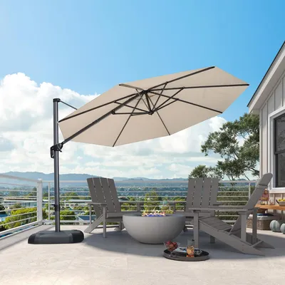 Produktbild von PURPLE LEAF 330 cm Sonnenschirm groß Ampelschirm Rund 360-Grad drehbar mit Fußpedal und Kreuzsockel für Terrasse, Balkon Sonnenschutz, Beige