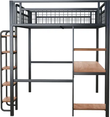 Produktbild von Flieks Etagenbett Metallbett 140x200cm mit Schreibtisch und Regal, Doppelbett Jugendbett mit Leiter, Hochbett Stockbett mit Rausfallschutz, Schwarz