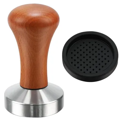 Espresso Tamper 53 mm, Edelstahl, Holzgriff, Silikonmatte