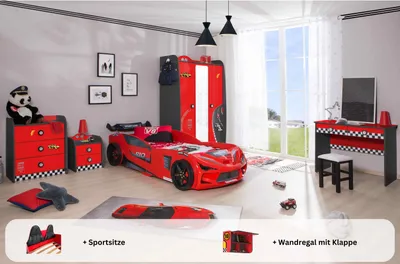 Produktbild von Kinderzimmer komplett Set Autobett Rio 5 teilig Rot , Sportsitze:inkl. Sportsitze, Matratze:ohne Matratze, Bettwäsche:ohne Bettwäsche, Wandregal:Wandregal mit Klappe