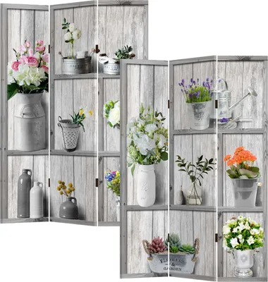 A multi-panel screen divider with a rustic wood-plank design, featuring various floral arrangements and gardening elements on shelves.