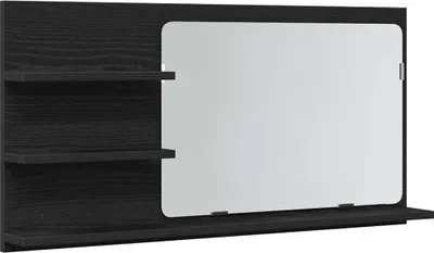 A black wooden bathroom cabinet with a mirror and shelves.