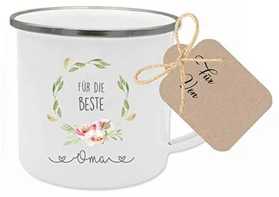 Mok mit Spruch "Für die beste Oma", 300 ml, Emaille, Geschenk