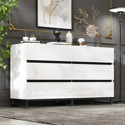 Image de MODFU Commode 6 Tiroirs Avec Pieds En Métal - Buffet Bas De Style Contemporain En Panneau De Particules - Blanc Et Noir - 140x39,5x78,5 Cm