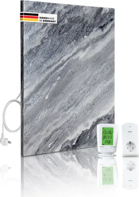 A marble-patterned infrared heater with a digital thermostat and a power adapter, presented on a reflective white surface.