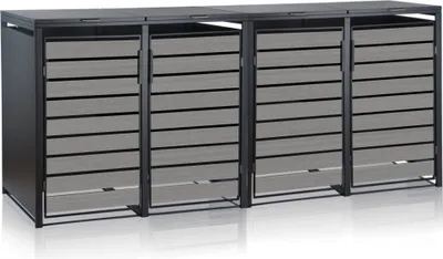 A set of four outdoor trash can enclosures with slatted doors.