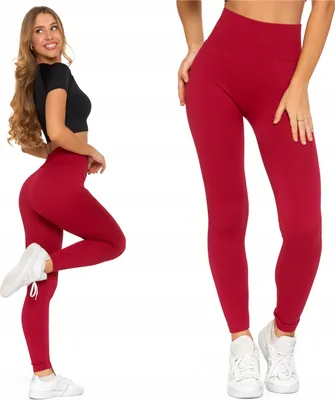A woman modeling red leggings and a black crop top, shown from the side and a close-up of the leggings.