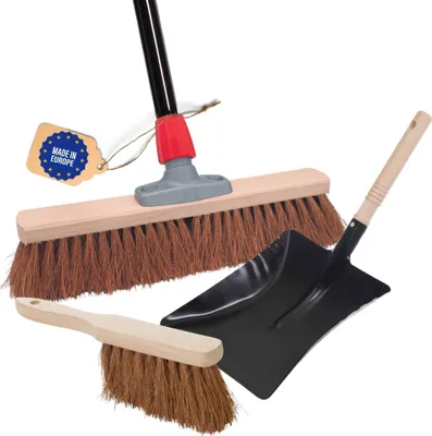 Produktbild von Novaliv Kokosbesen Besen mit Stiel 40 cm Kokosborsten inkl. Kehrgarnitur schwarz bestehend aus Kehrblech und Handfeger Besen Naturborsten Ideal als Werkstattbesen Hallenbesen mit Stiel Industriebesen