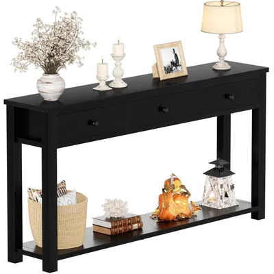 Immagine prodotto di Tavolino consolle con 3 cassetti, 120 cm, nero. Tavolo in legno con ripiano