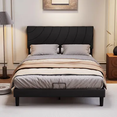 Produktbild von Doppelbettgestell 140x190 cm Polsterbett mit geschwungenem Kopfteil Metallrahmen Stahl Stauraum unter dem Bett Plattformbett geräuschlos Schwarz