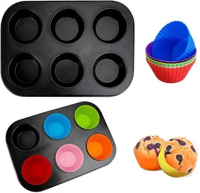 Produktbild von Ibenzoa® Muffin-Set – 2x Kohlenstoffstahl-Backblech 26,5×18,5 cm (je 6 Mulden) + 12 wiederverwendbare Silikonförmchen 7×4,5×3,2 cm, BPA-frei, antihaft