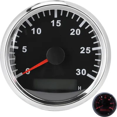Image de 85 mm / 3,3 pouces Compte-tours pour bateaux, IP67, indicateur de vitesse, 12 V, 24 V, lumière rouge, avec écran LCD, compteur d'heures, 3000 tr/min, cadre argenté, cadran noir