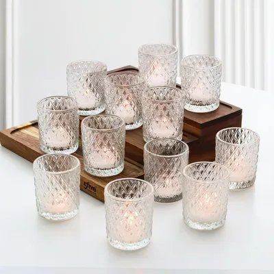 Image de Verres pour bougies chauffe-plat, ensemble de 12, transparents, avec motif en relief, design géométrique
