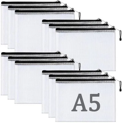 Image de 12 pochettes pour documents A5, transparentes, imperméables, avec fermeture à glissière, en PVC, pour le bureau ou l'école