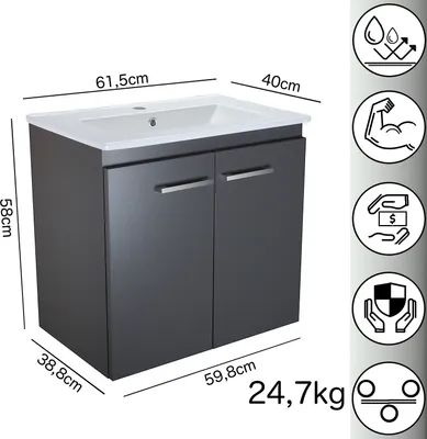 Obrázek produktu pro Paplinskimoebel umyvadlo s toaletní skříňkou Bilbao šířka 60 cm Washplace Krásná koupelnová skříňka s umyvadlem grafit Koupelnový nábytek toaletní skříňka