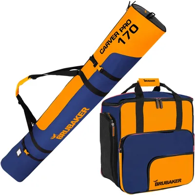 Zdjęcie produktu dla BRUBAKER Zestaw toreb narciarskich Carver Pro – torba na buty narciarskie i torba na 1 parę nart 170 cm, kijki, buty i kask – niebiesko-pomarańczowa