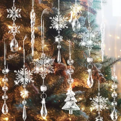 Produktbild von 18-teiliger Kristall-Weihnachtsbaumschmuck, Acryl-Schneeflocken-Eiszapfen-Anh?nger, Winterliche Weihnachtsbaum Dekoration ransparent