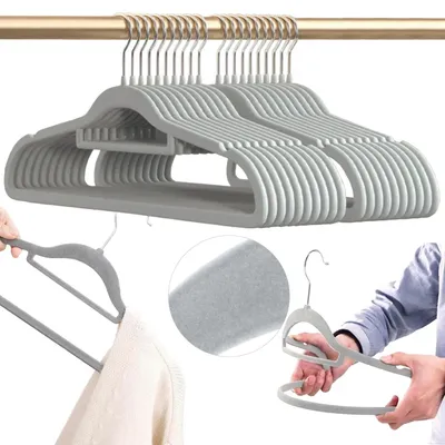 Obrázek produktu pro Sametové ramínka na oblečení – sada 20 kusů – protiskluzová – extra úzká, úsporná – stabilní – sametový povrch – světle šedá
