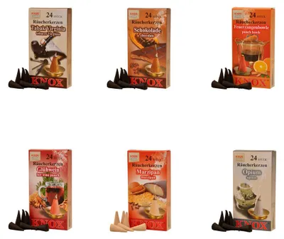 Produktbild von KNOX 6er Set Räucherkerzen Opium/Marzipan/Schokolade/Glühwein/Tabak Virginia/Feuerzangenbowle - Inhalt jeweils 24 Stück, Größe M (Standard)