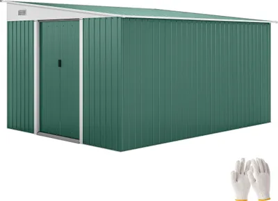 A green metal garden shed with a sloped roof and double doors, presented on a white background. A pair of white gloves with yellow cuffs is visible in the bottom right corner.