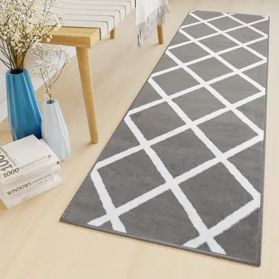 Image de Tapis de passage au mètre Pont Salon Chambre à coucher Tapis à poils courts Moderne Design Chiné Gris Blanc Oekotex 80 x 130