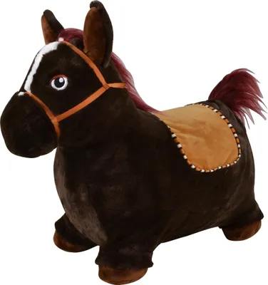 A plush toy horse on a white background.