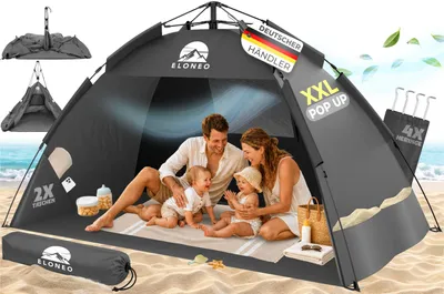 Produktbild von ELONEO Pop-Up Strandmuschel mit UV-Schutz 80+, leichter Aufbau, kompakt, Tragetasche, Sonnenschutz & Windschutz für Kinder und Erwachsene - XXL Grau