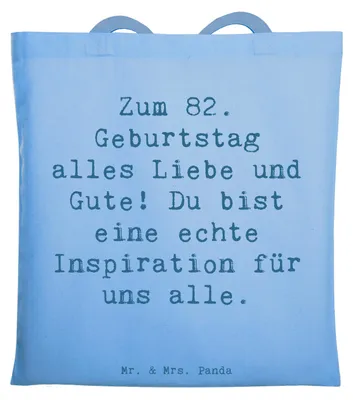 Produktbild von Mr. & Mrs. Panda Baumwollbeutel Spruch 82. Geburtstag - Sky Blue - Geschenk, Geburtstagssprüche, Glückwunsch, Tasche, Uni, liebevoll, Laptoptasche, besondere Person