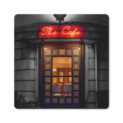 Produktbild von MuchoWow® Mauspad Mousepad Tür - Cafe - Rot - Architektur - Neonlicht 20x20 cm - Mousepads - Maus Mat - Pad - Mausunterlage - Desk Mat - Bureauartikeln