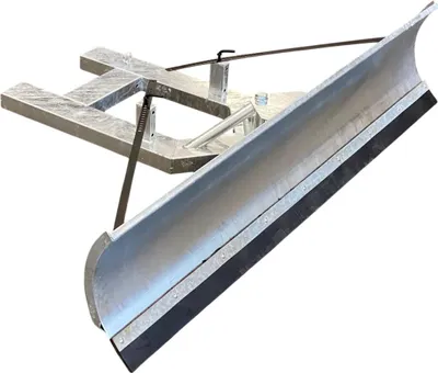 A snow plow attachment for a forklift, shown from a diagonal angle against a white background.