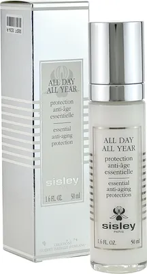 A product shot of a bottle of Sisley ALL DAY ALL YEAR anti-aging protection cream next to its packaging.
