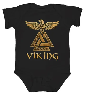 Immagine prodotto di Body per neonato, motivo vichingo: nodo valknut, corvo, Odino, mitologia nordica, guerriero, oro, Valhalla. Colore: nero. Taglia: 6/12 mesi