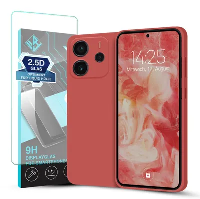 Produktbild von Hülle für Xiaomi Redmi Note 14 mit 9H Displayglas Displayschutz Case Cover Bumper Smartphone Softgrip Schutzhülle Farbe: Rot