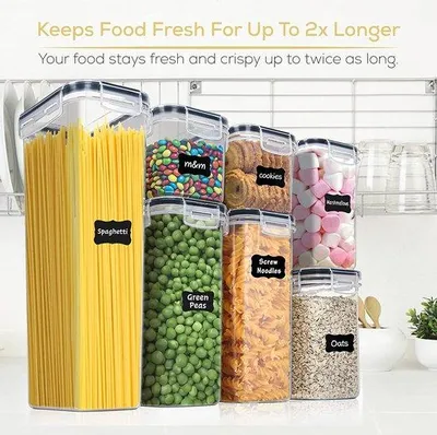 Imagen del producto de Uniqoos®: Juego de 7 recipientes herméticos, transparentes, sin BPA, con tapas y junta de silicona, aptos para microondas, lavavajillas y congelador, apilables, incluye cuchara medidora, rotulador de tiza y etiquetas