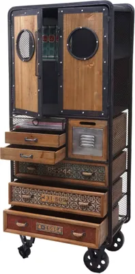 Zdjęcie produktu dla Szafka aptekarska HWC-D78, komoda na kółkach z metalową półką, drewno jodłowe w stylu vintage shabby 146x60x35cm