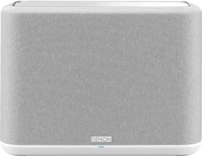 A front view of a white and gray Denon streaming speaker.