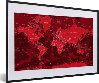 Produktbild von MuchoWow® MuchoWow® Gerahmtes Poster Weltkarte - Stabil - Rot 60x40 cm - Poster mit zchwarzem Bilderrahmen - Schlafzimmer - Plakat in Rahmen - Drucken