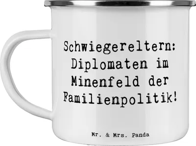 Produktbild von Mr. & Mrs. Panda Teetasse Spruch Schwiegereltern Diplomaten - Weiß - Geschenk, Dankeschön, becher emaille, Dankbarkeit, Diplomatie, Teebecher, Weihnachten, Haferl, Humor