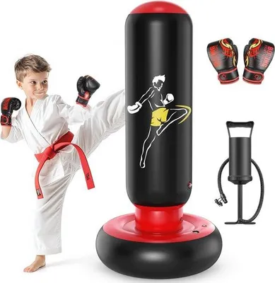 Produktbild von Famanu aufblasbare Boxsack mit Boxhandschuhen für Kinder - geeignet für Karate, Taekwondo und MMA - 168 cm