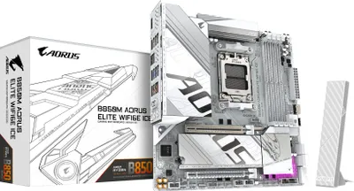 Produktbild von GIGABYTE B850M AORUS ELITE WIFI6E ICE Motherboard - AMD Ryzen 9000 Series CPUs, 12+2+1 Phasen Digital VRM, bis zu 8200MHz DDR5 (OC), 1xPCIe 5.0 + 1xPCIe 4.0 M.2, 2.5 LAN, WIFI 7, USB 3.2 Gen 2